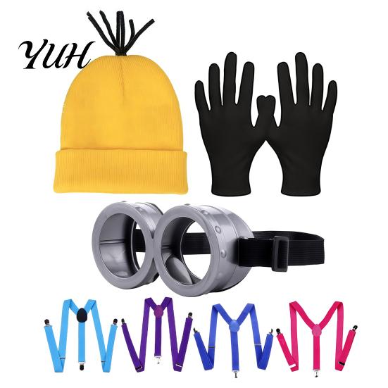 Adjustable Elastic Suspenders Knit Hat Costume Set, Retro Round Glasses Gloves, Halloween Party Comic Exhibition Cosplay Gear Accessories Kit