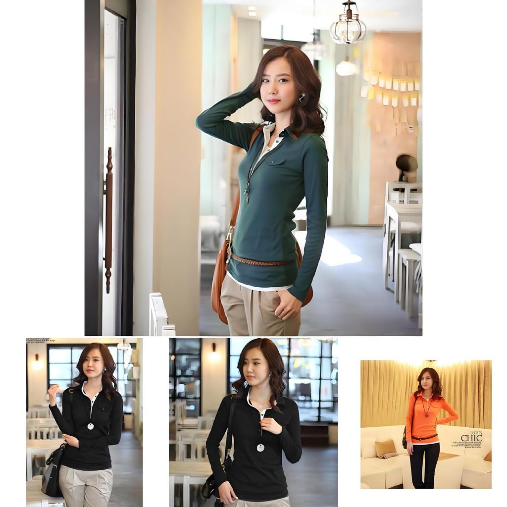 Design Feeling Color Block Mock Two Piece T Shirt For Women With Stretch Cotton For Office Wear