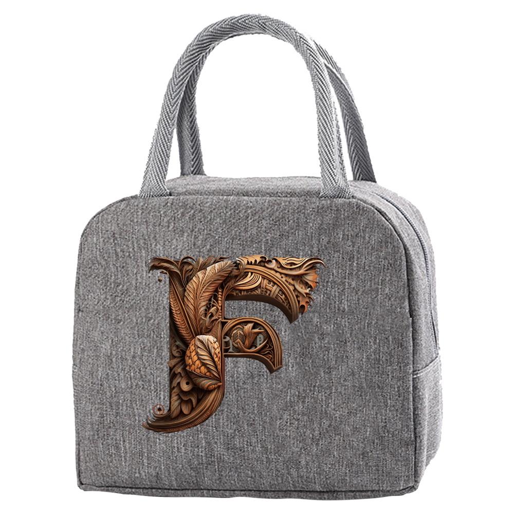 Portable Food Insulation for Traveling Wood Art Letter Printing Box Picnic Waterproof Oxford Zipper Insulation Lunch Bag
