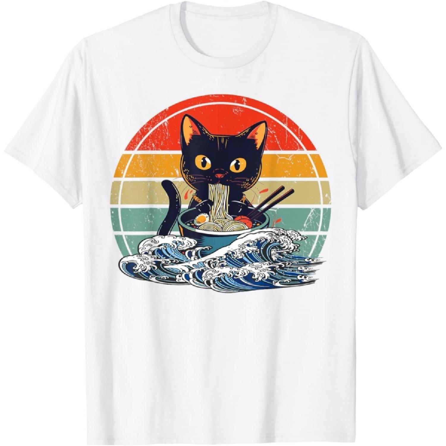 Evports Kawaii Cat Eating Ramen Funny Anime Noodles Japanese Art T-Shirt S