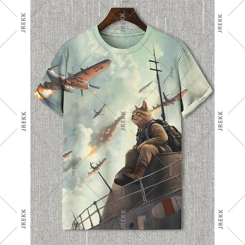 Summer Round Neck 3D Humour Cat Print Top Fashionable Casual Short Sleeved Men's T-shirts