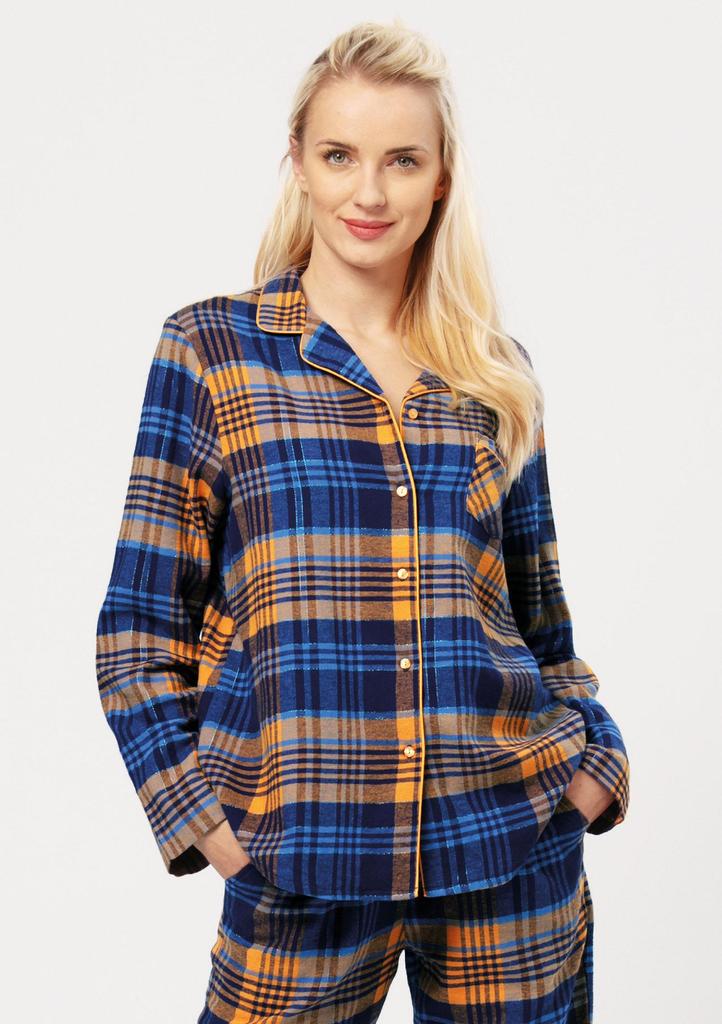 Piżama damska flanelowa w kratę z rozpinaną koszulą i długimi spodniami LNS 481 Key LNS 481 B24 PIŻAMA DAMSKA granat/pomarańczowy 4XL