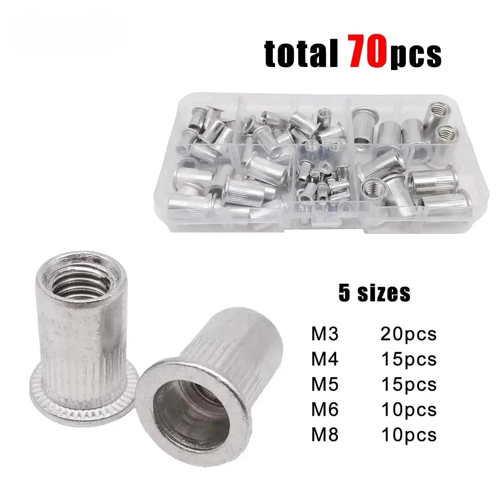 

VKKM 90Pcs M3 M4 M5 M6 M8 Rivnut Flat Head Threaded Nut Vertical Stripe Rivets Insert Nutsert Cap Rivet Nuts 70Pcs серебряный