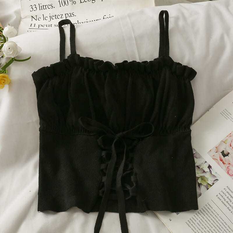 Short Style Crop Top with Exposed Navel and Black Fungus Edge Slim Fit Camisole Women's New Style Drawstring Tied Knit Vest Summer