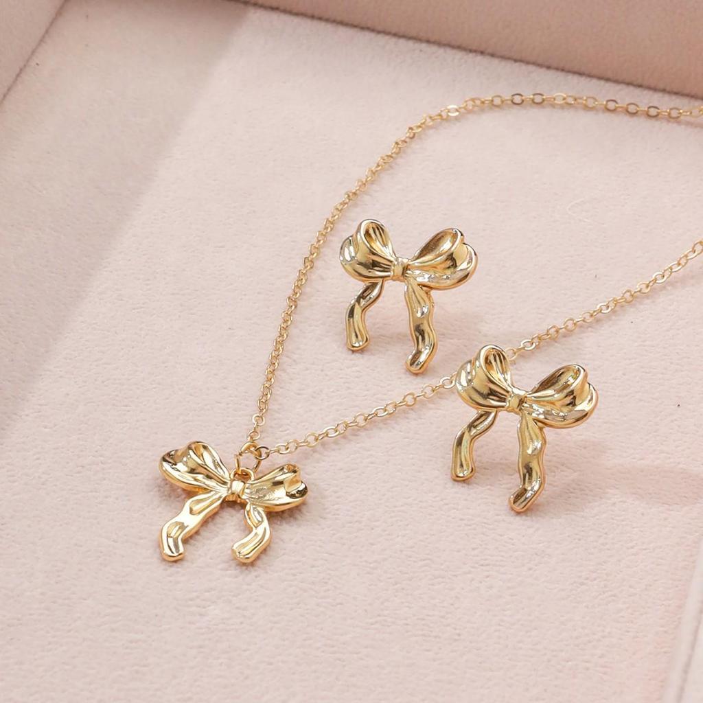 Elegant Bow Pendant Necklace & Earrings Set for Women
