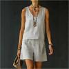 Summer Women Solid 2 Piece Set Casual Sleeveless Linen Cotton Top Vest Shorts Suit Outfit