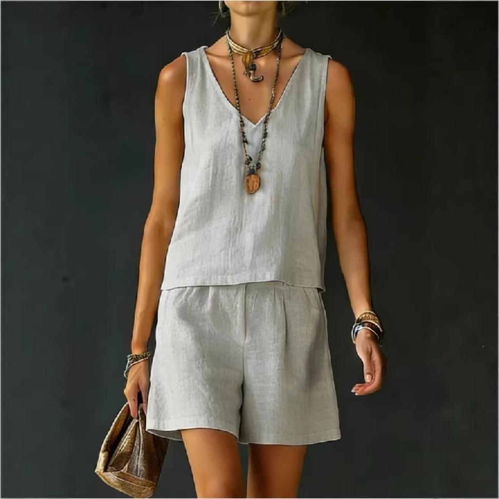 Summer Women Solid 2 Piece Set Casual Sleeveless Linen Cotton Top Vest Shorts Suit Outfit