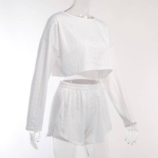 2 pezzi/set top da donna pantaloncini outfit scava fuori elastico in vita allentato manica lunga o collo sottile tinta unita traspirante morbido homewear t-shirt pantaloncini set