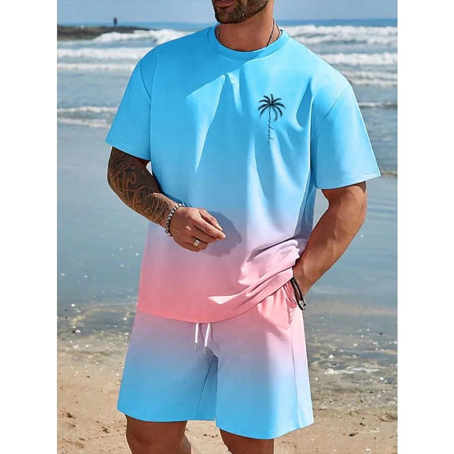Gradient Print Men's Short Sleeve Shorts Set Hawaiian Men's Fashion Set Summer Men's Casual T-shirt Outdoor Beach Men's Shorts
