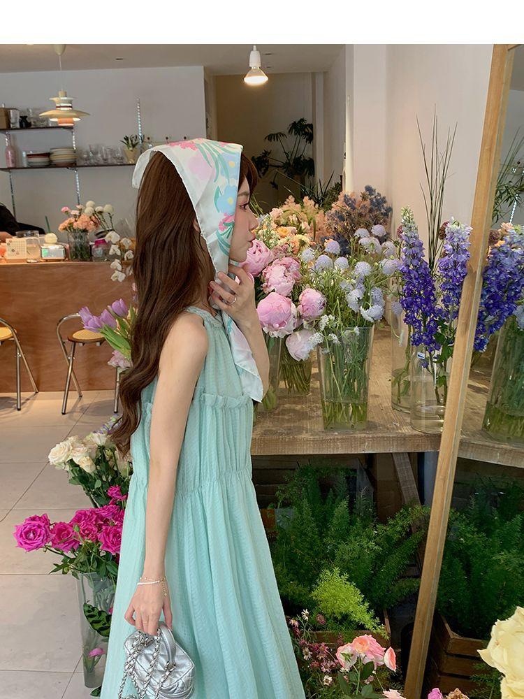 Summer loose pleated large skirt medium and long skirt small holiday style sleeveless neck dress women
