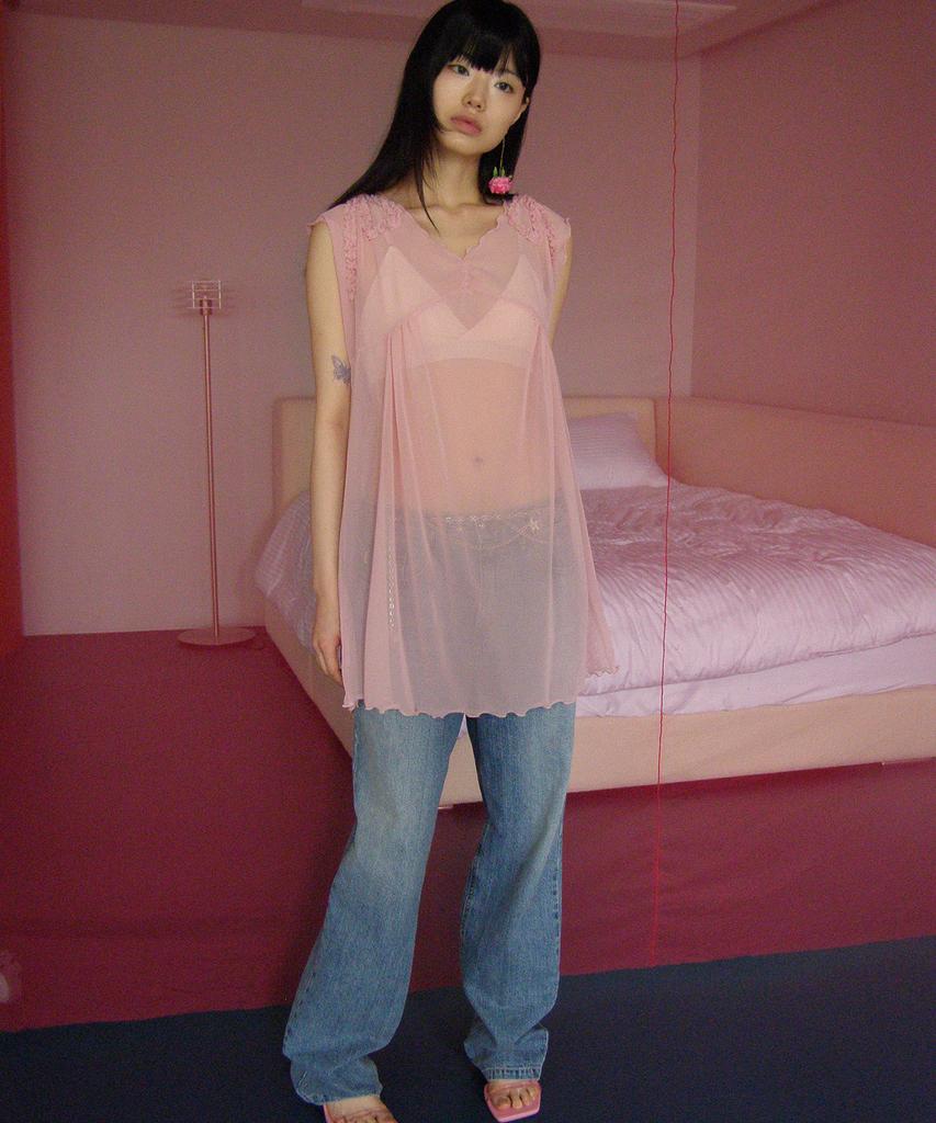 NOFFICIALNOFFICE Sheer Mesh Ribbon Dress Peach