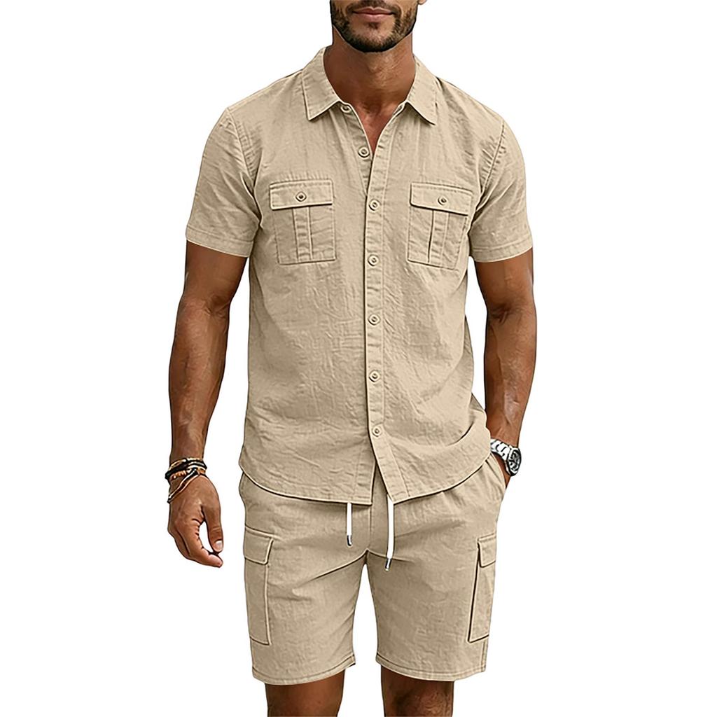 Men's Summer Linen Short Sleeve Shirt and Cargo Shorts Set Casual Lightweight Breathable Multi Pocket Two Piece Outfit