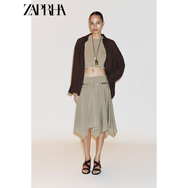 Zaprha 2025 Summer New Gyaru Style Stripe Belt Asymmetric Mid Waist Midi Skirt 6929500