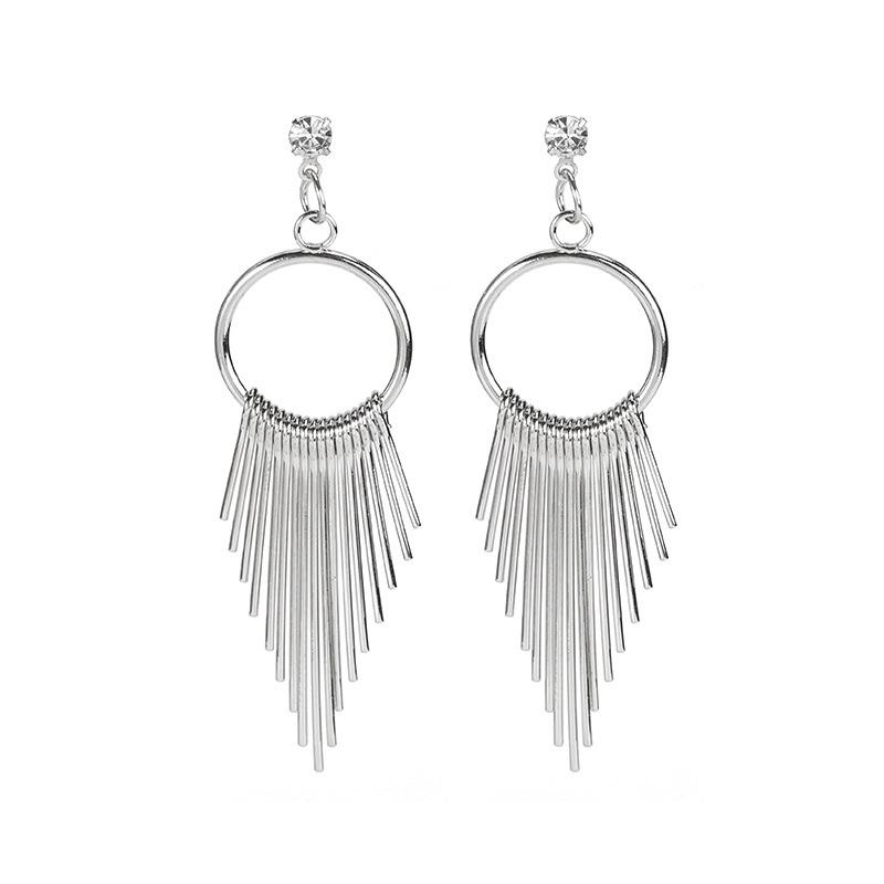 Trendy European & American Geometric Metal Tassel Long Diamond Earrings - Retro Exaggerated Design