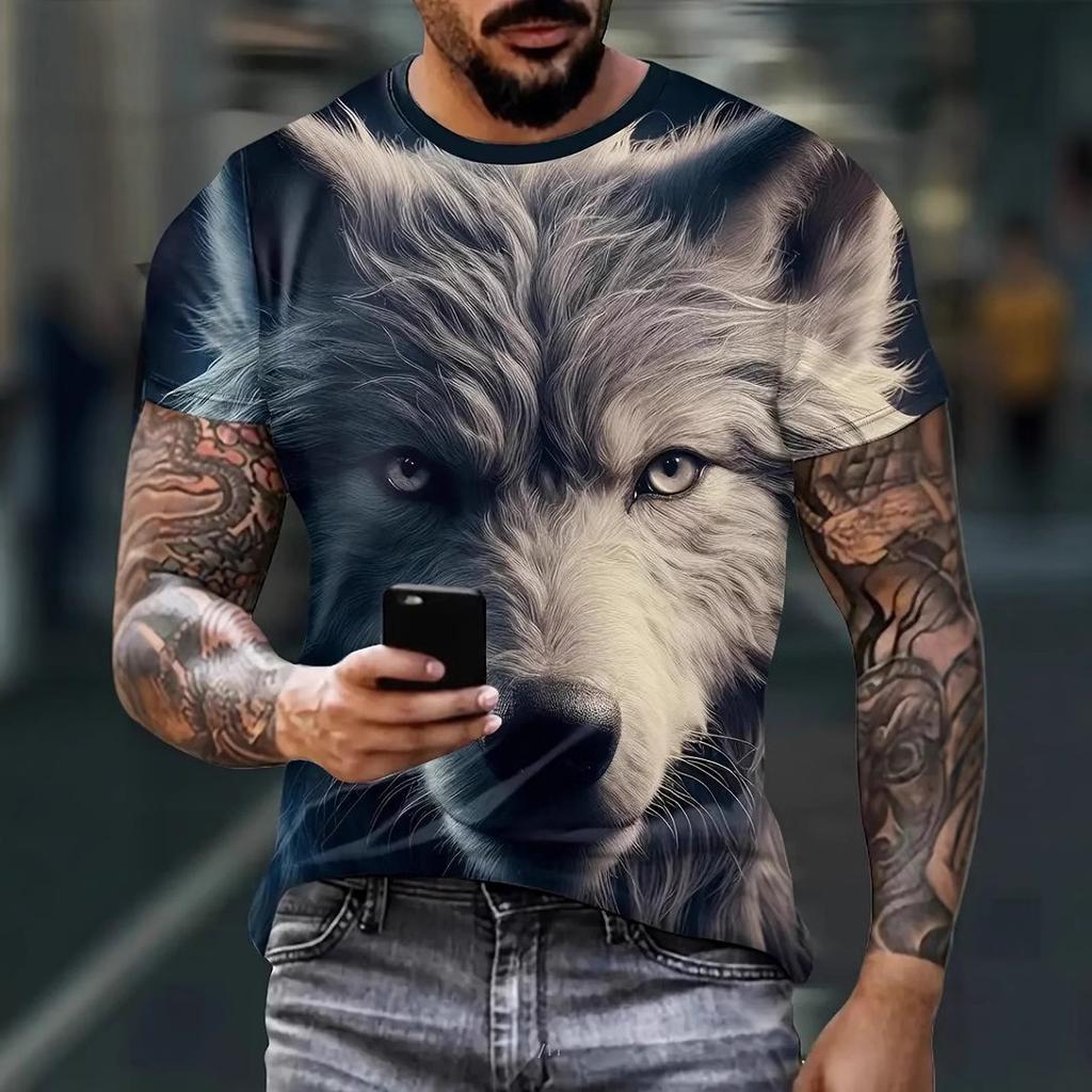 Summer Round Neck 3D Print Wolf Pattern Top Fashionable Casual Short Sleeved Men's T-shirts