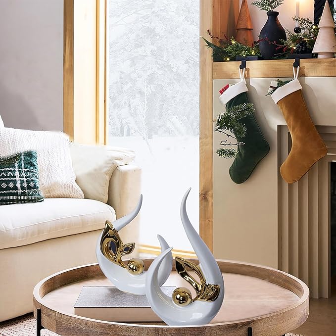 White Gold Home Decor Accent Ceramic Statue Abstract Sculptures Centerpieces Mid Century Modern Decor for Tables Coffee Table