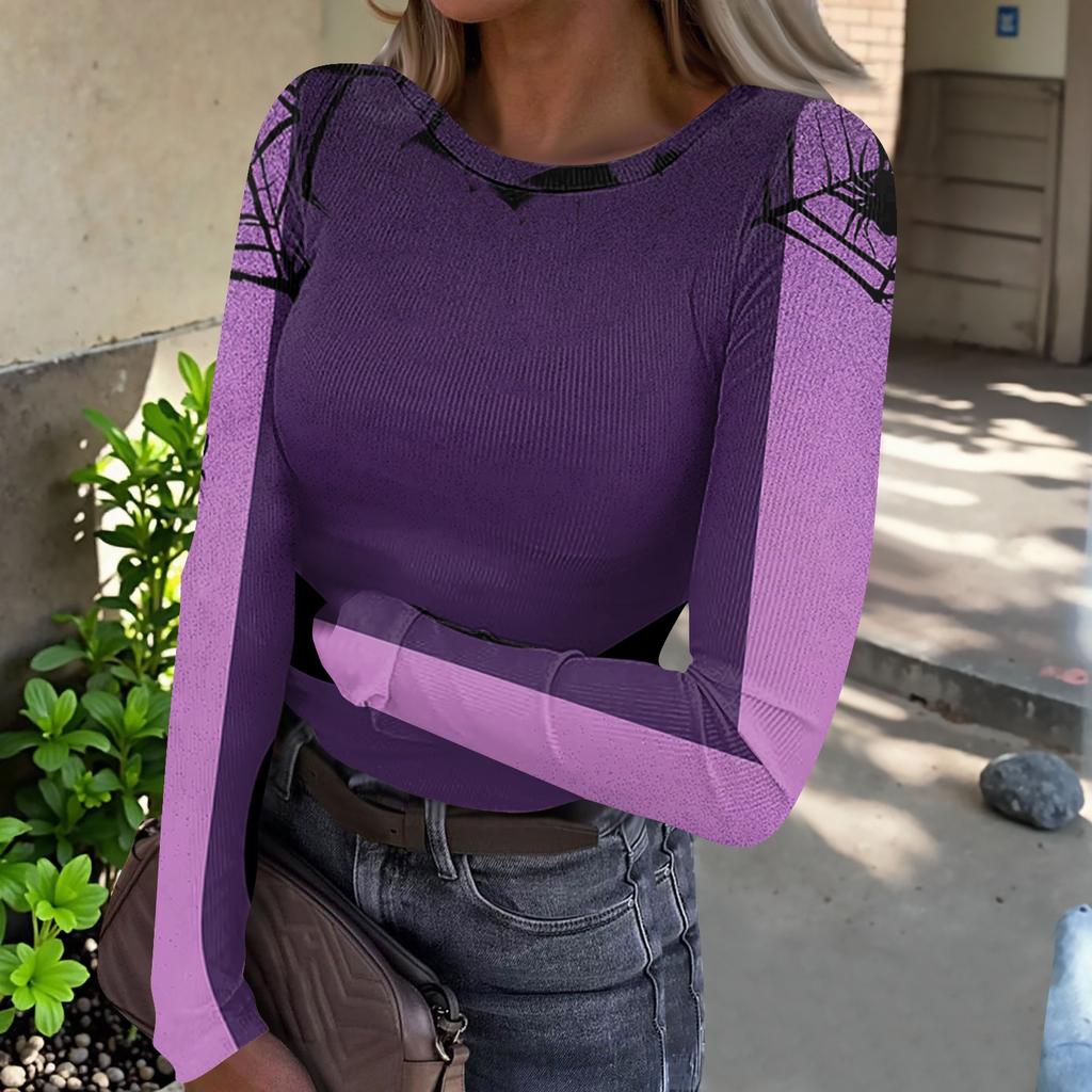 Women's Casual Long Sleeve Ribbed Knit Top Halloween Print Round Neck Slim Fit Stretchy Pullover Shirt for Fall Season
