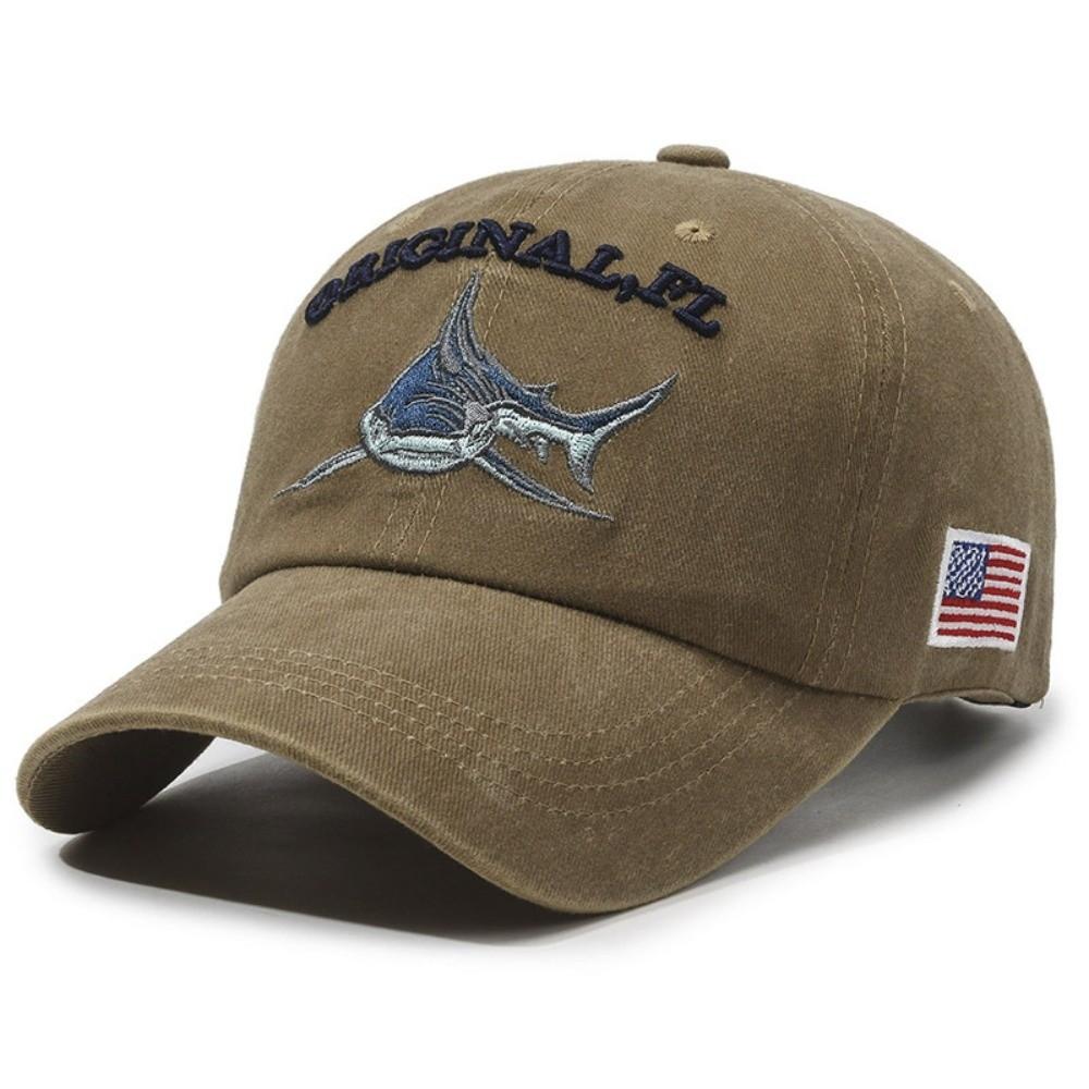 Washed Cotton Shark Embroidered Baseball Cap American Flag Patch Adjustable Distressed Baseball Cap Hip Hop Sunscreen Sun Hat