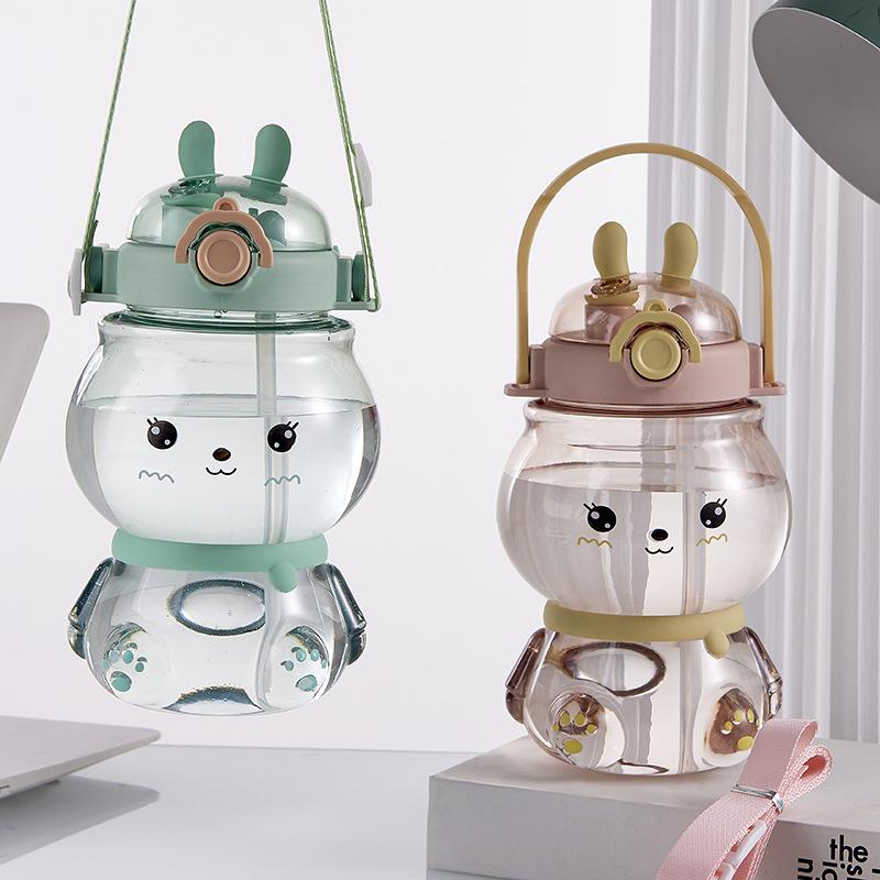 Charming Children Rabbit Double Drinking Cup Kindergarten Student Portable Strap Straw Cup Girls Plastic Water Cup