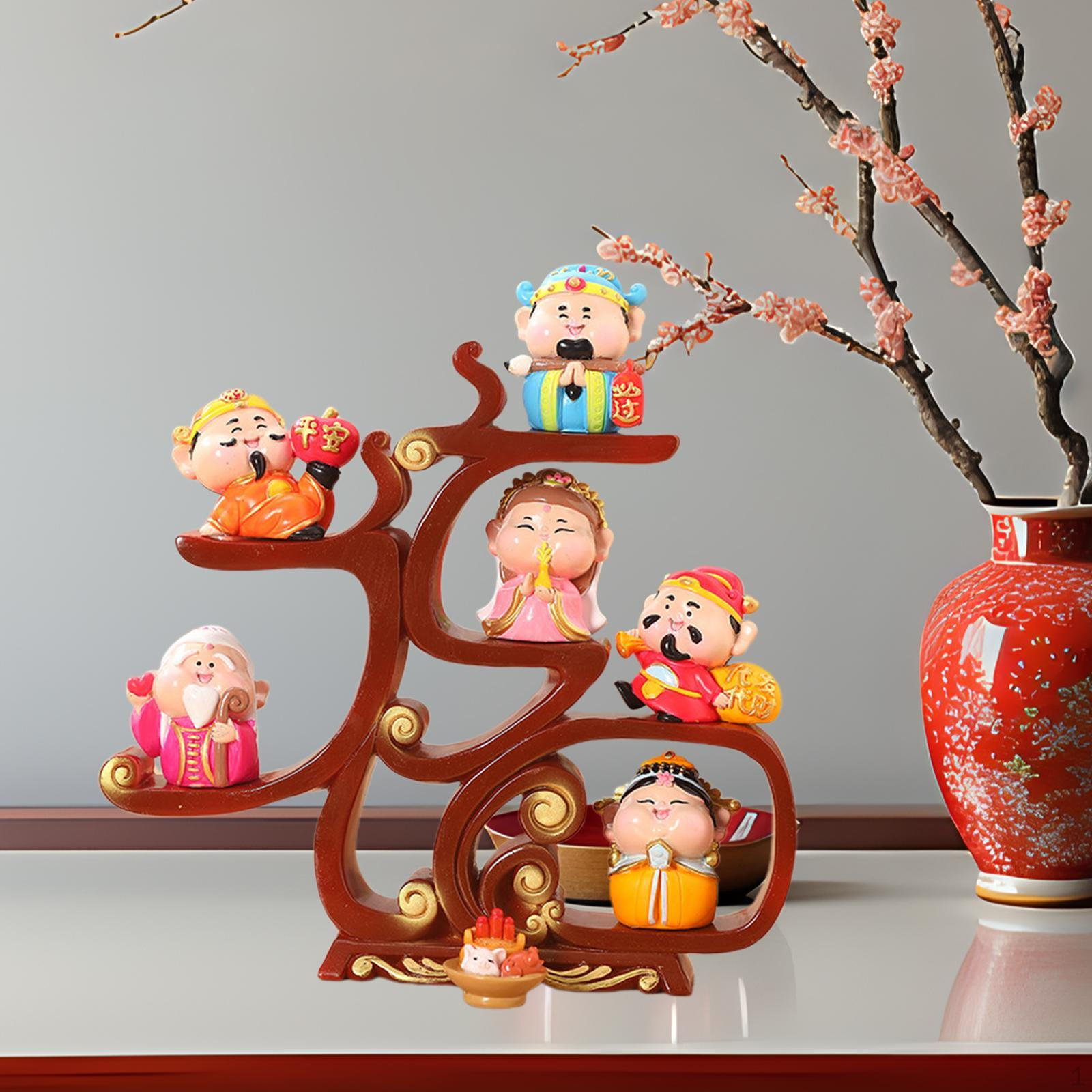 

6 шт. Фигурки богов удачи с подношениями, украшение фэншуй, украшение для весеннего фестиваля Brown Dispaly Frame