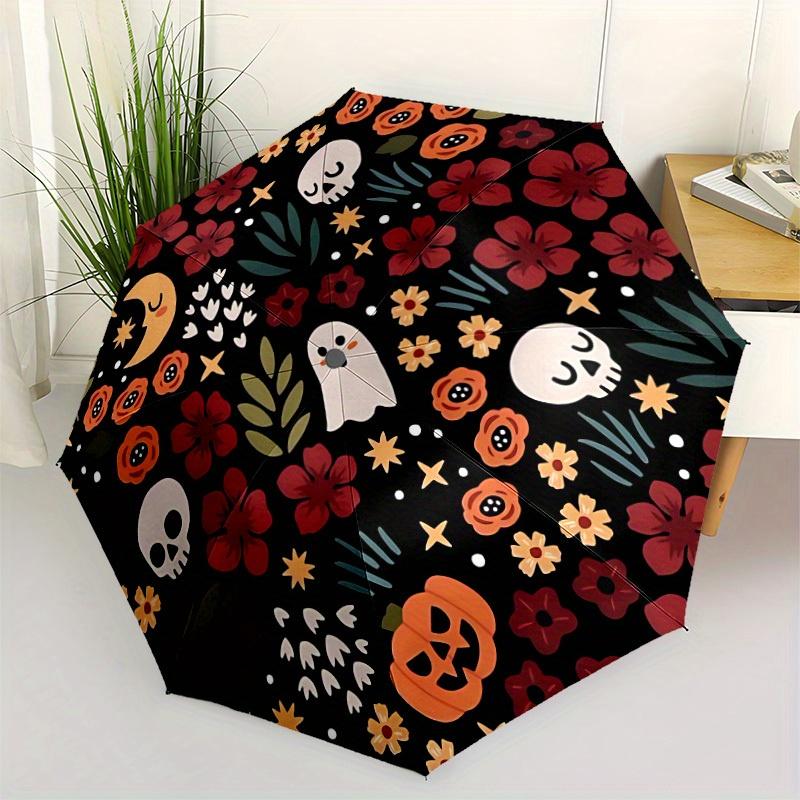 1 Stück Halloween Blumen Automatischer Faltregenschirm, Stabiles 8-Rippen-Dach, Tragbarer Reise-Regenschirm für den Außenbereich