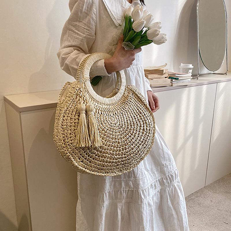 Handwoven Beach Bag Chic Top Handle Bag Retro Holiday Travel Handbag Vacation Bag