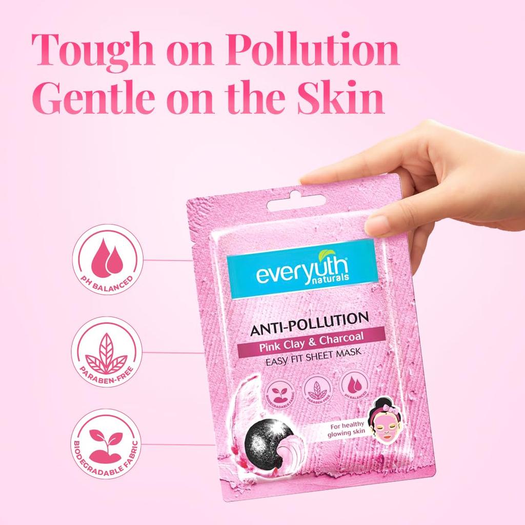Everyuth Naturals Anti Pollution Pink Clay Charcoal Sheet Mask Pack Of 3 25ml Refreshing Detox Glow Biodegradable Face Mask For Radiant Skin