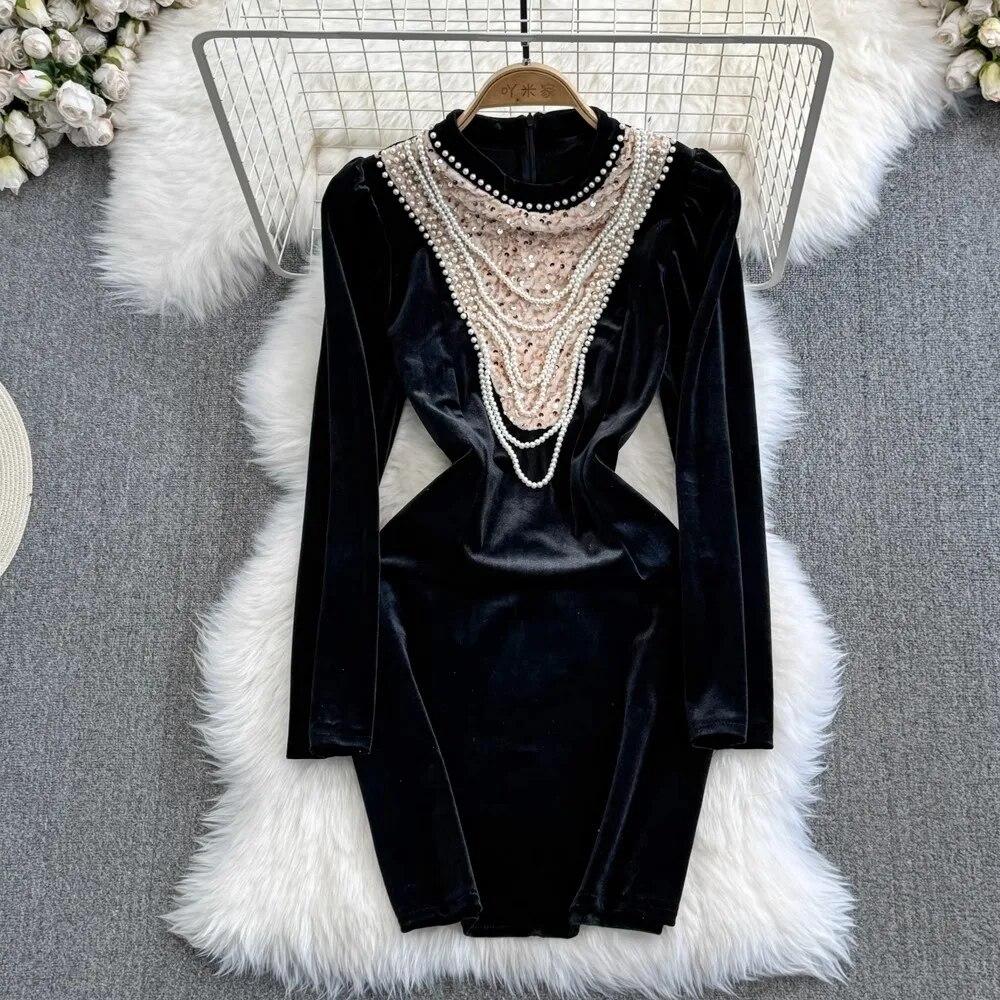 Autumn Winter Luxury Pearls Velvet Wedding Party Dress Women's Stand Collar Sparkling Sequins Beading Zipper Mini Fishtail Dresses
