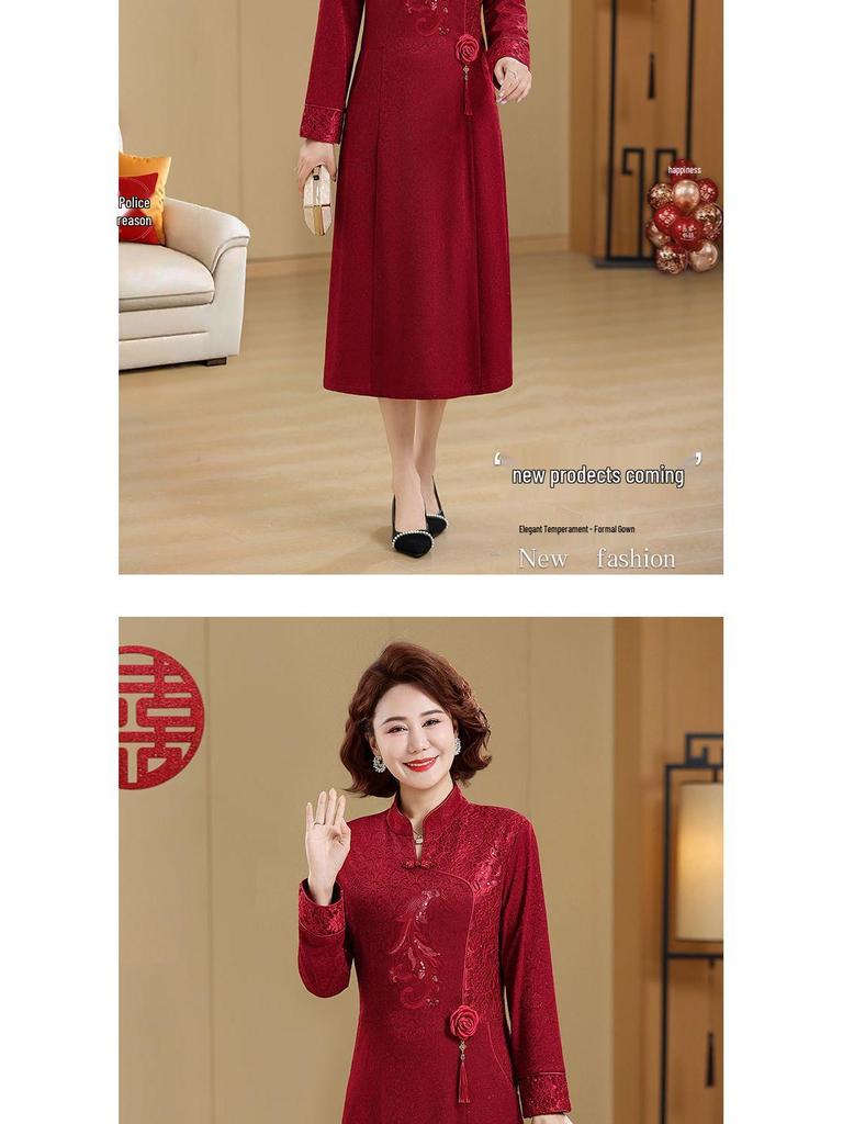 Elegant Long Qipao Wedding Dress for Mother of the Bride, Age 50+