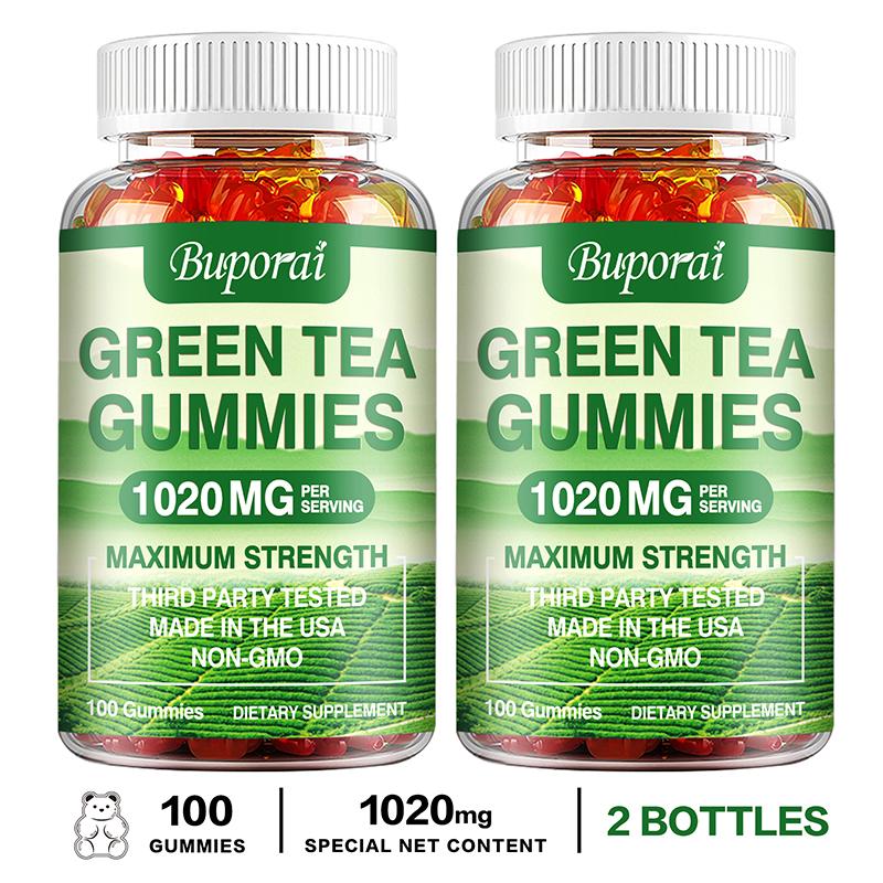 Green tea gummies; 1,020 mg per serving; contains Garcinia Cambogia, raspberry ketone, and coffee bean extract; promotes digestion.