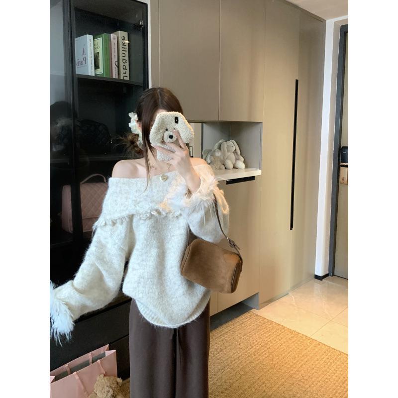 

Plus Size Women s Elegant French Style Knit Top with Tassel and Butterfly One-Shoulder Design M