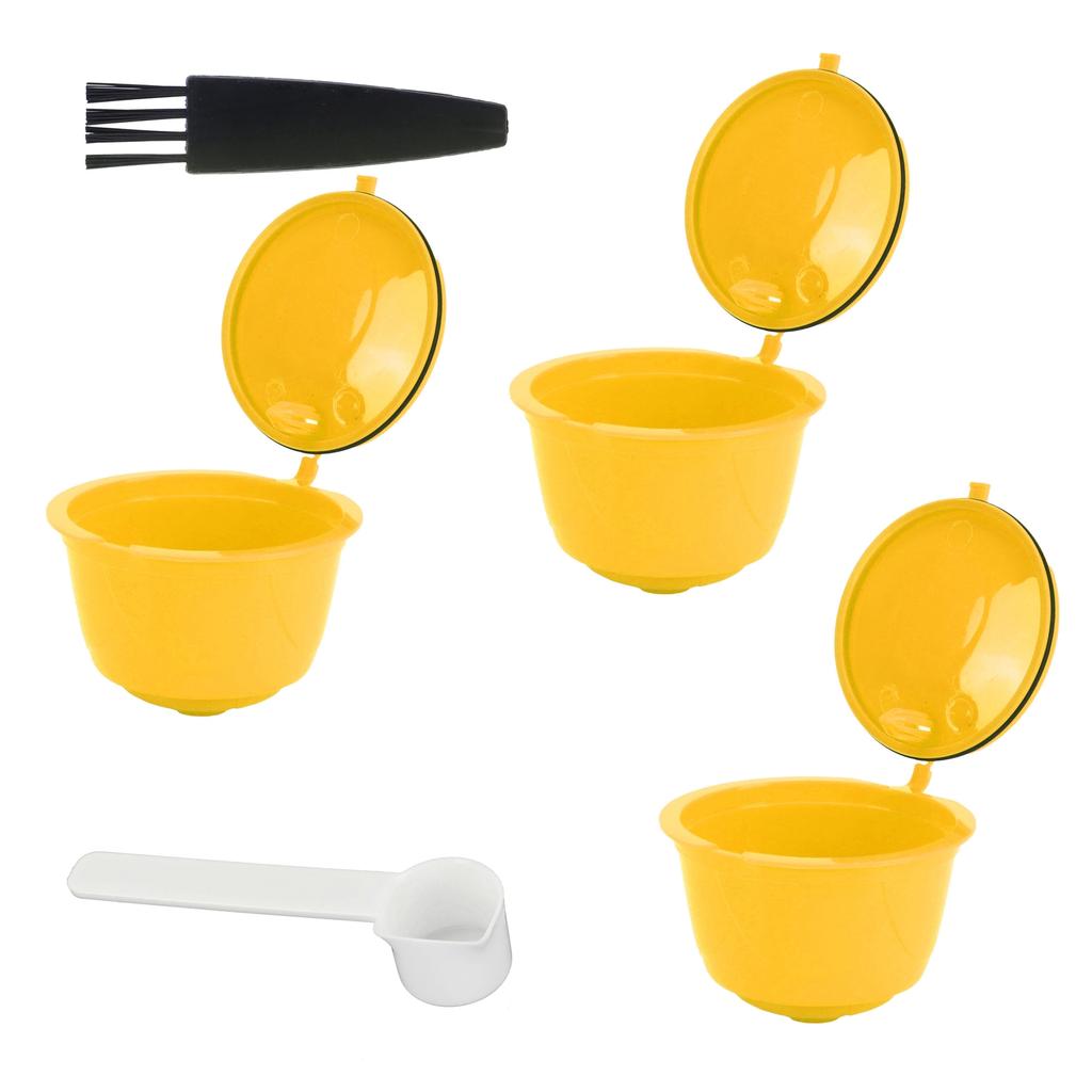 Coffee Machine Capsule Kit Reusable Coffee Filter Cup Accessories Fit for DOLCE GUSTO(Yellow 3 Capsules1 Spoon 1 Brush)