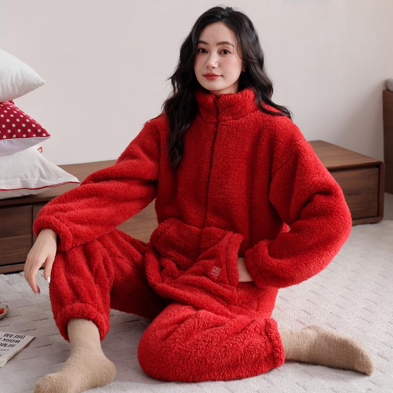 Pajamas Women'S Autumn And Winter Coral Fleece Thickened And Fleece Red Birth Year Flannel Winter Zipper Loungewear