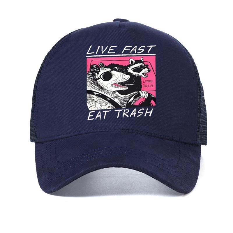 

Live Fast! Eat Trash! funny hat Hot Sale New Hip hop hats For Unisex Cotton Dad Hat summer Mesh Breathable hats Adjustable