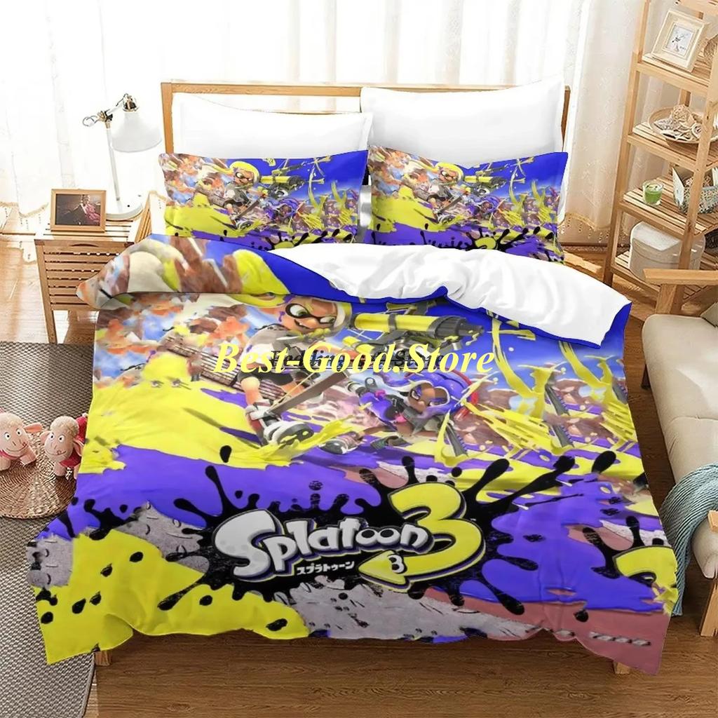 Splatoon 3 Inkling Kałamarnica Zestaw Pościeli Pojedynczy Bliźniak Pełny Queen King Size Zestaw do Łóżka Aldult Kid Sypialnia Zestawy Poszwy na Kołdrę Zestaw Prześcieradła