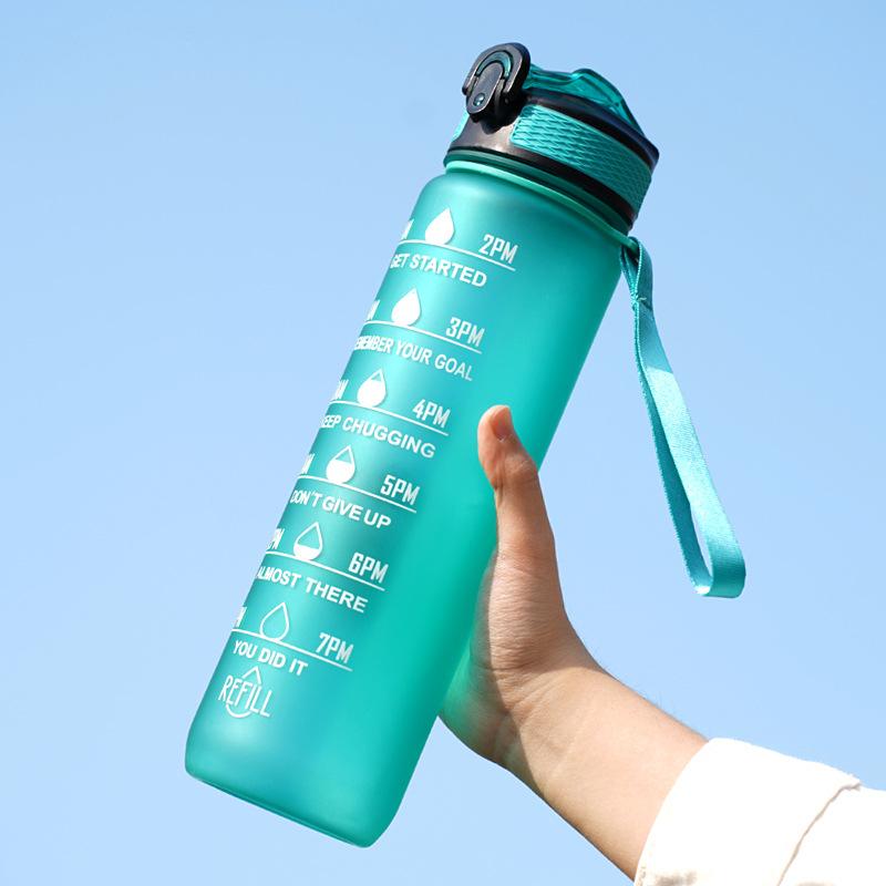 Taza esmerilada de plástico de 1000ml, botella de agua con pajita a prueba de fugas, taza portátil a de tiempo  para Fitness y