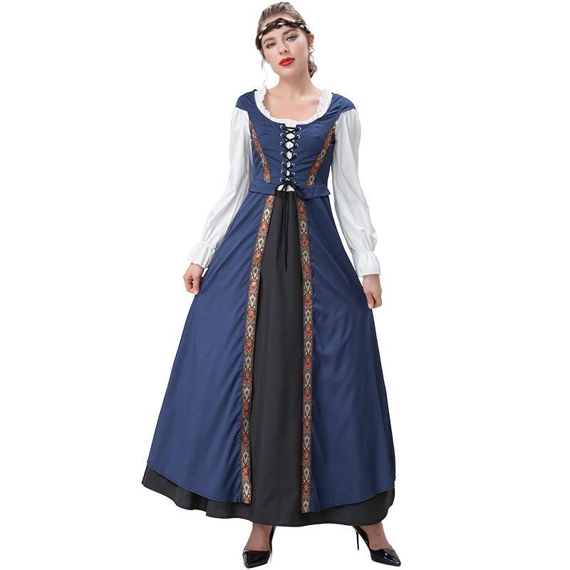 Stylish Renaissance Inspired Square Neck Dress Set In Rich Colors For Theatrical Performances