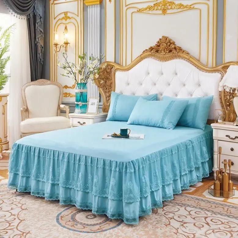 3 Layers Bed Skirt Lace Ruffled Bed Skirt Couvre Lit Bedroom Bed Cover with Surface Non-slip Mattress Cover Bedsheet Bedspread