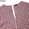 VONDA Womens V Neck Short Sleeve Casual Gingham Plaid Loose Long Wide Leg Jumpsuit Rompers