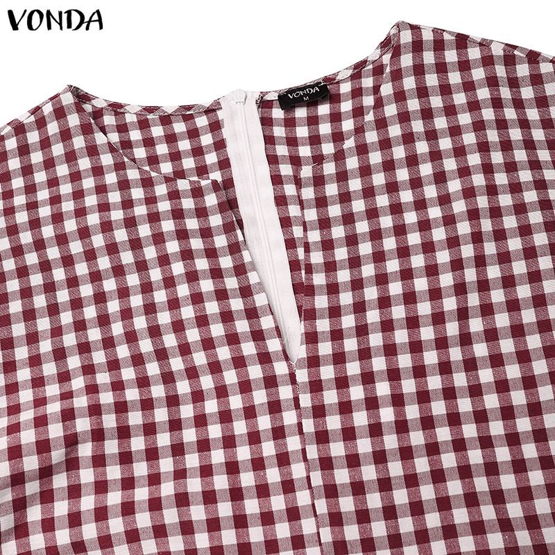 VONDA Womens V Neck Short Sleeve Casual Gingham Plaid Loose Long Wide Leg Jumpsuit Rompers