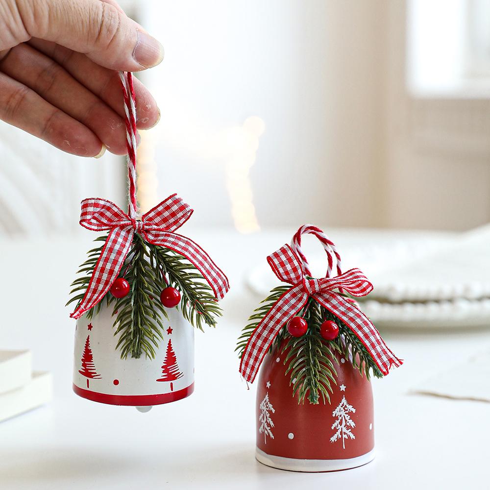 Rustic Christmas Bell Ornaments with Artificial Pine And Red Berries Vintage Metal Jingle Bells Hanging Decoration for Tree