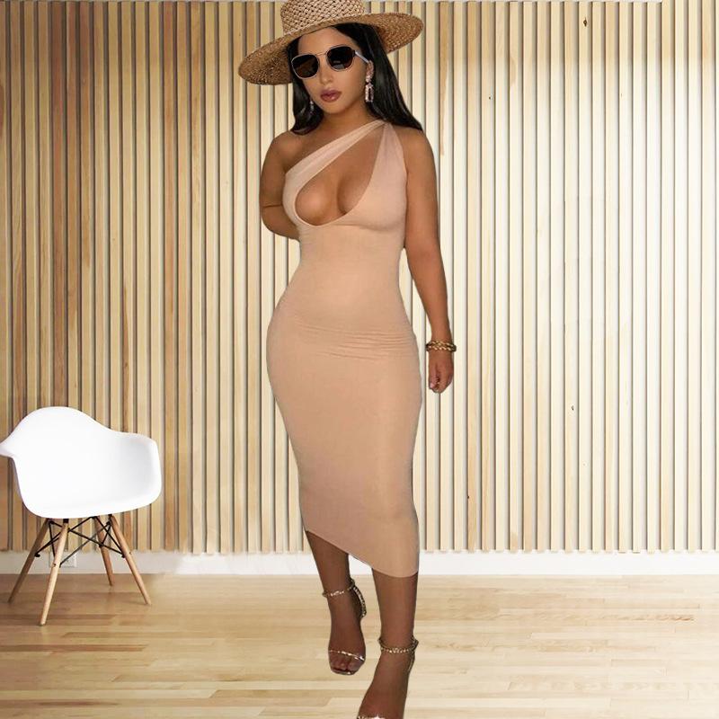 European and American Summer New Women's Clothing Fashion Slanted Shoulder Sexy Hollow Slim Fit Medium and Long Dress Women