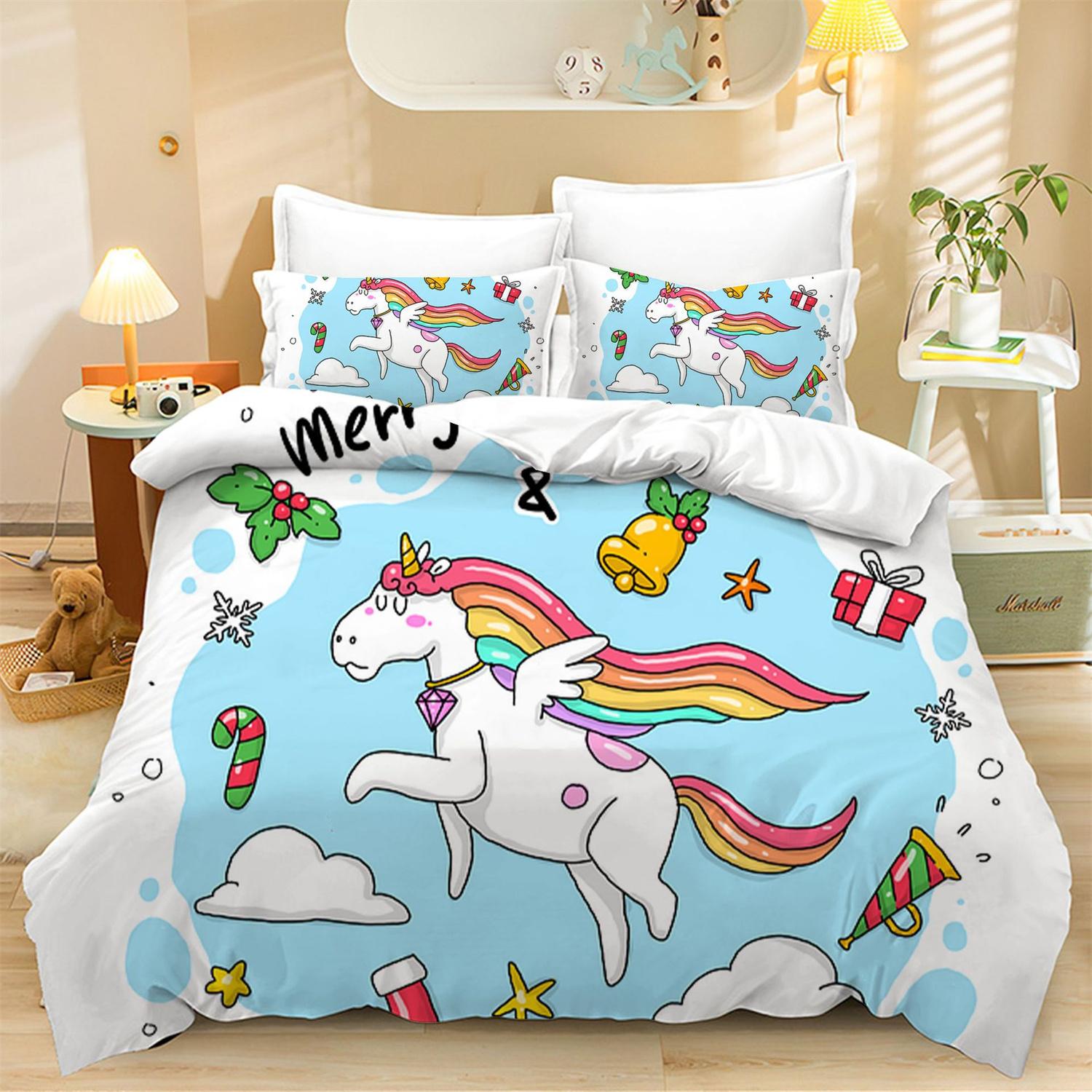 Flylo Unisex Infant Cute Unicorn Rainbow Duvet Cover For Kids Boys Girls, Rainbow Comforter Cover Set Queen Size Lively Kids Rainbows Duvet Cover 135Cm