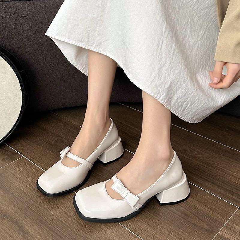 Spring new high heels medium thick heel fashion square head bright leather single shoes shallow mouth bow Mary Jane shoes women's shoes trend