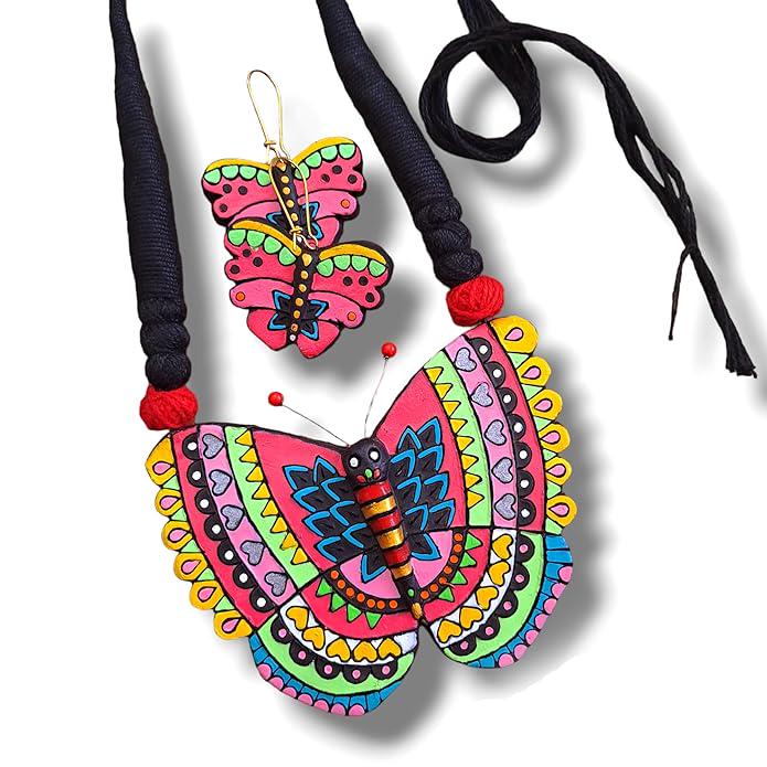 Handmade Clay Butterfly Necklace Earring Set