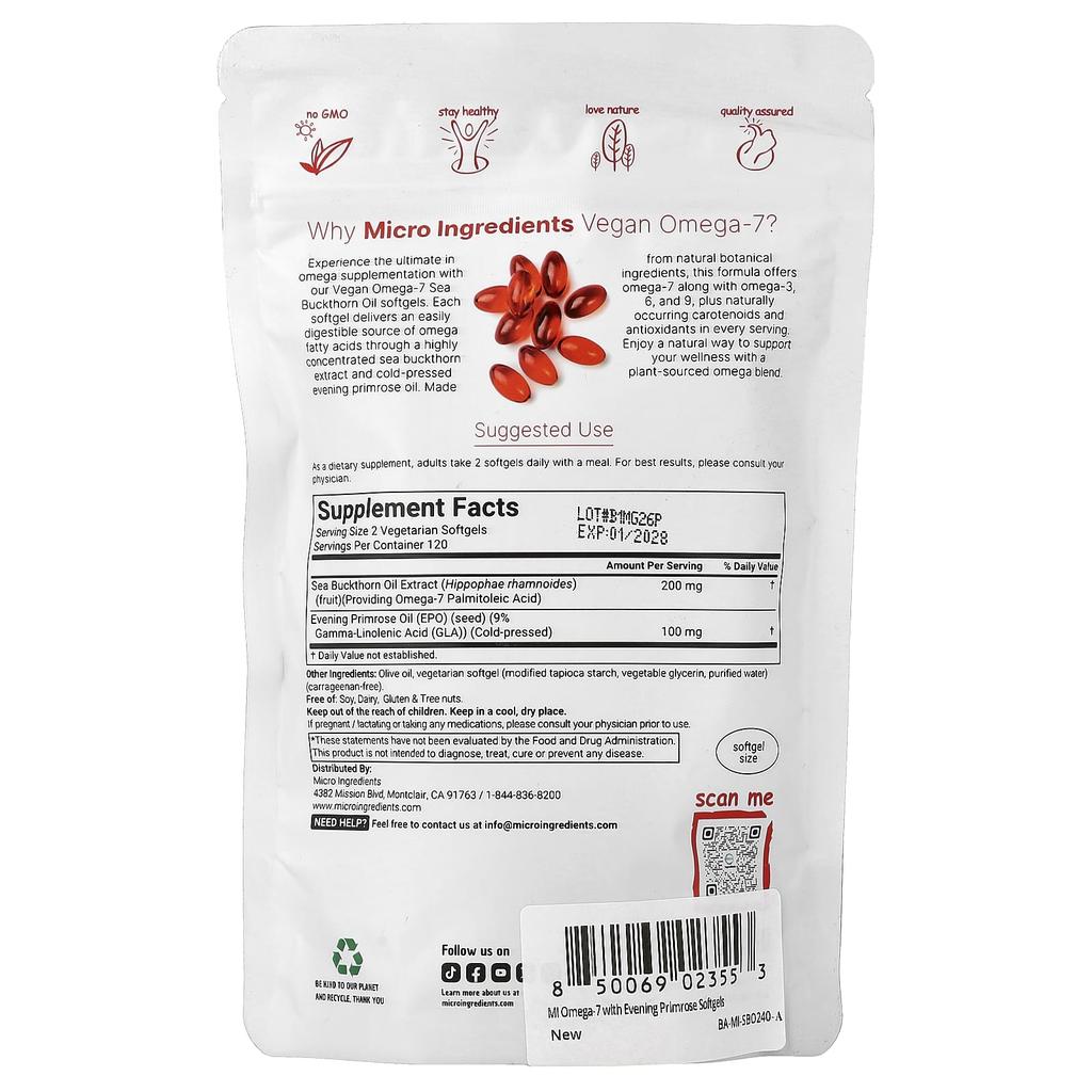 Micro Ingredients, Vegan Omega-7, Contains Sea Buckthorn Oil and Evening Primrose Oil, 240 Veggie Softgels