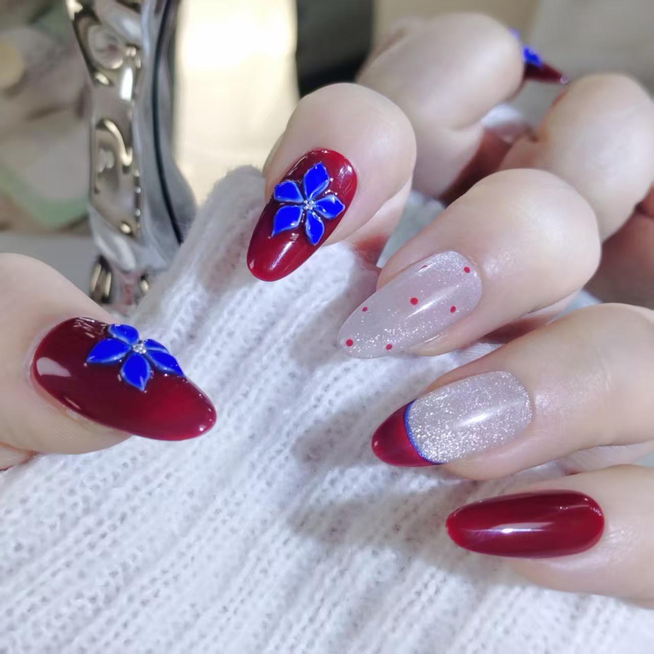 Handmade Retro Cat Eye 3D Blue Flower Nails: Elegant Autumn/Winter Long Red Nail Art Medium