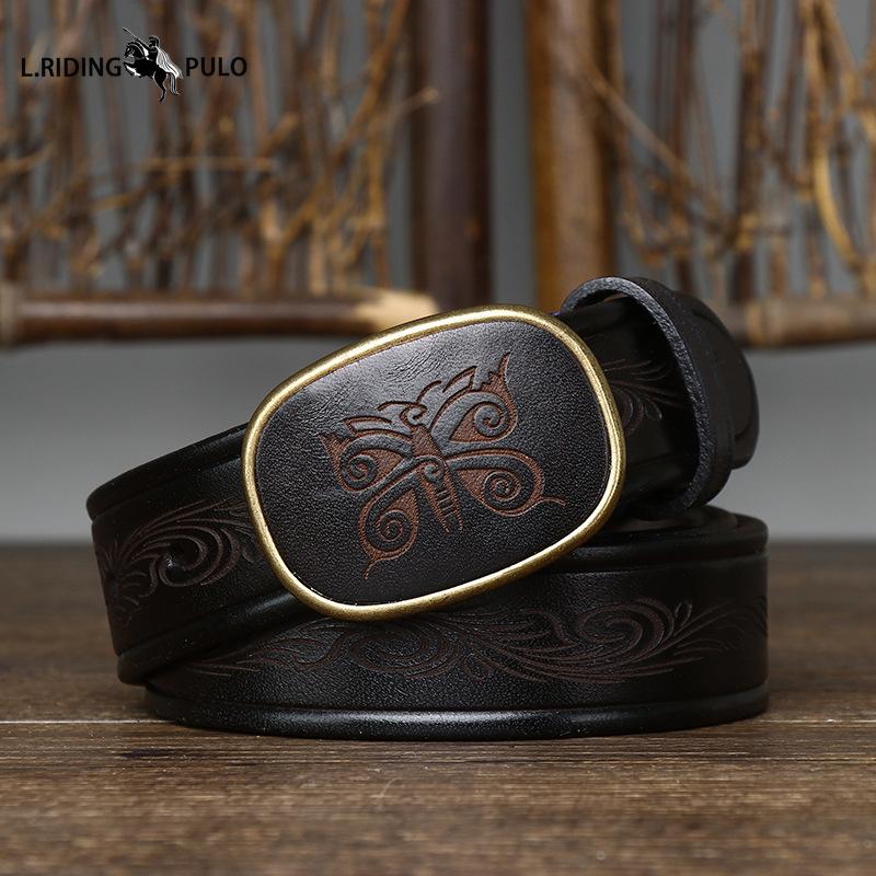 Retro All-match Laser Engraved Pattern Trendy Smooth Buckle Belt Men's Buckle Genuine Leather Casual Belt