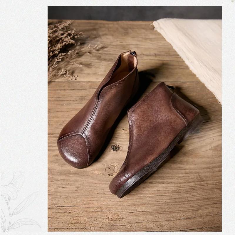 Johnature Bottines plates rétro en cuir véritable à bout rond et semelle souple, chaussures polyvalentes pour femmes