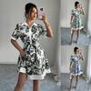New, Summer Simple and Fashionable Waist Printed Strap Short-sleeved Dress Women's Clothing
